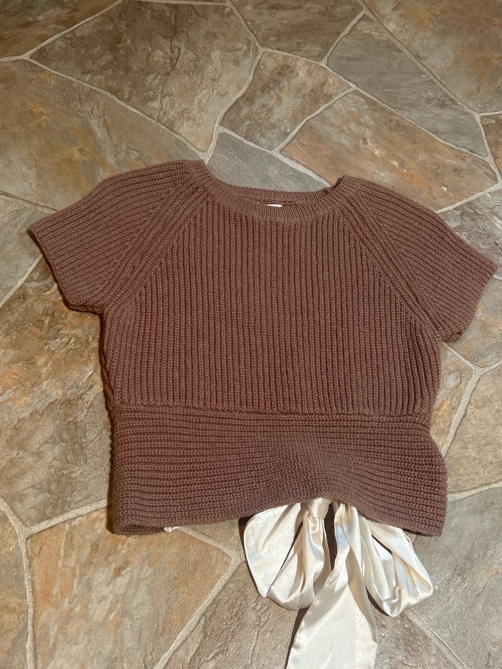 Dry Goods Brown Knit Crop Top with Satin Tie